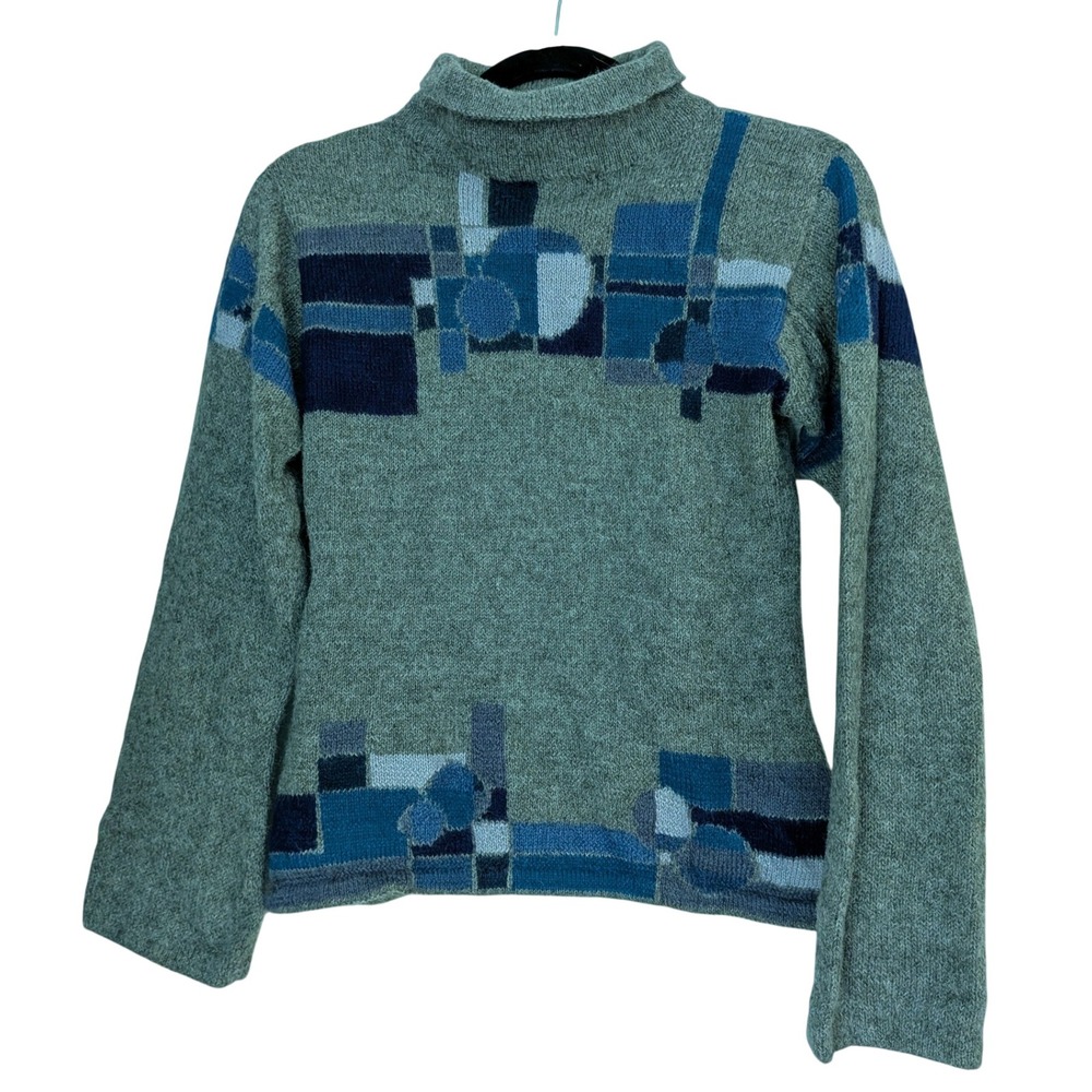 Fotrama Womens XS Alpaca Wool Geometric Roll Neck Bell Sleeve Sweater Bolivia